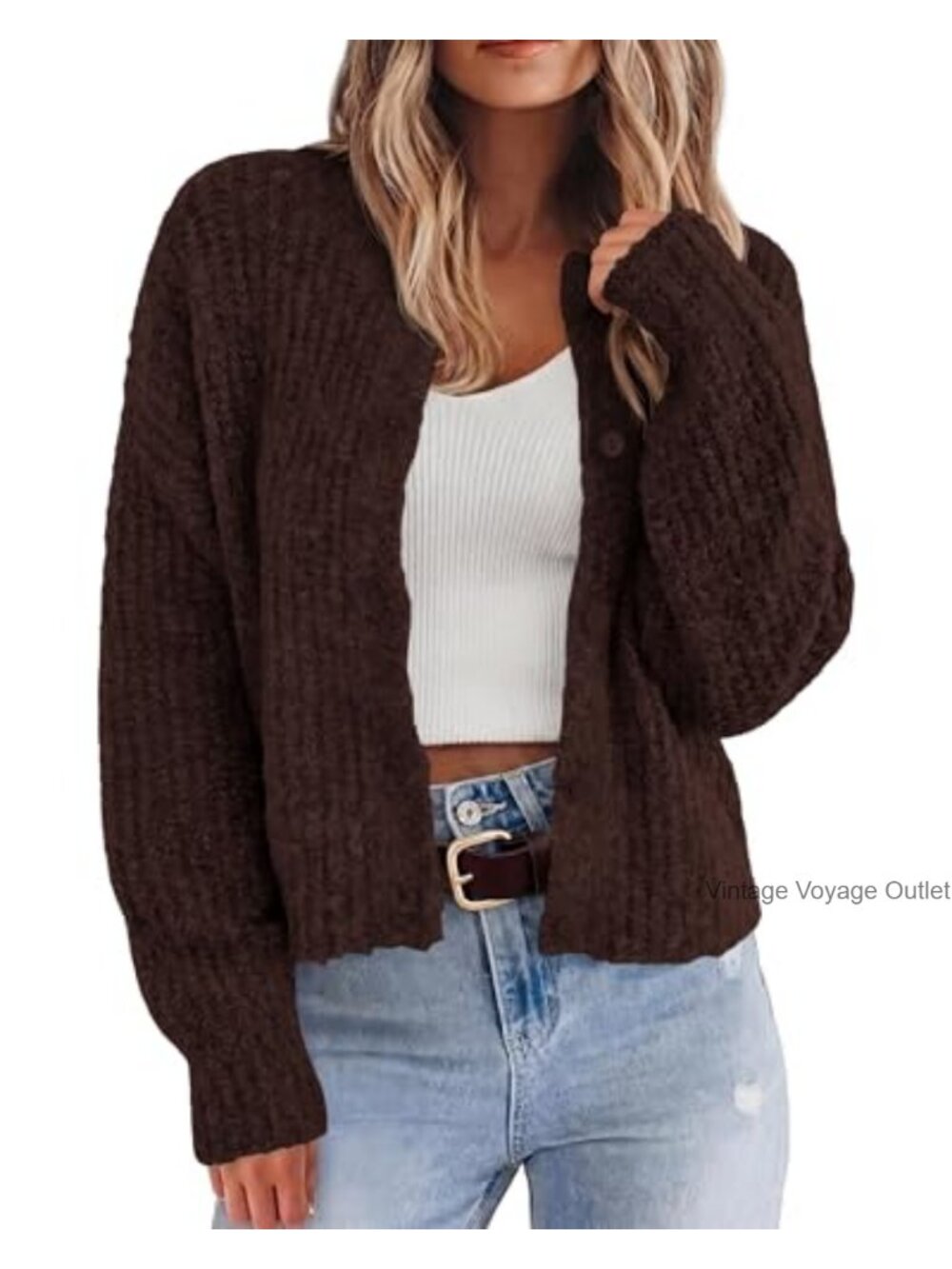 Cropped Chunky Knit Cardigan Sweater Button Down Long Sleeve